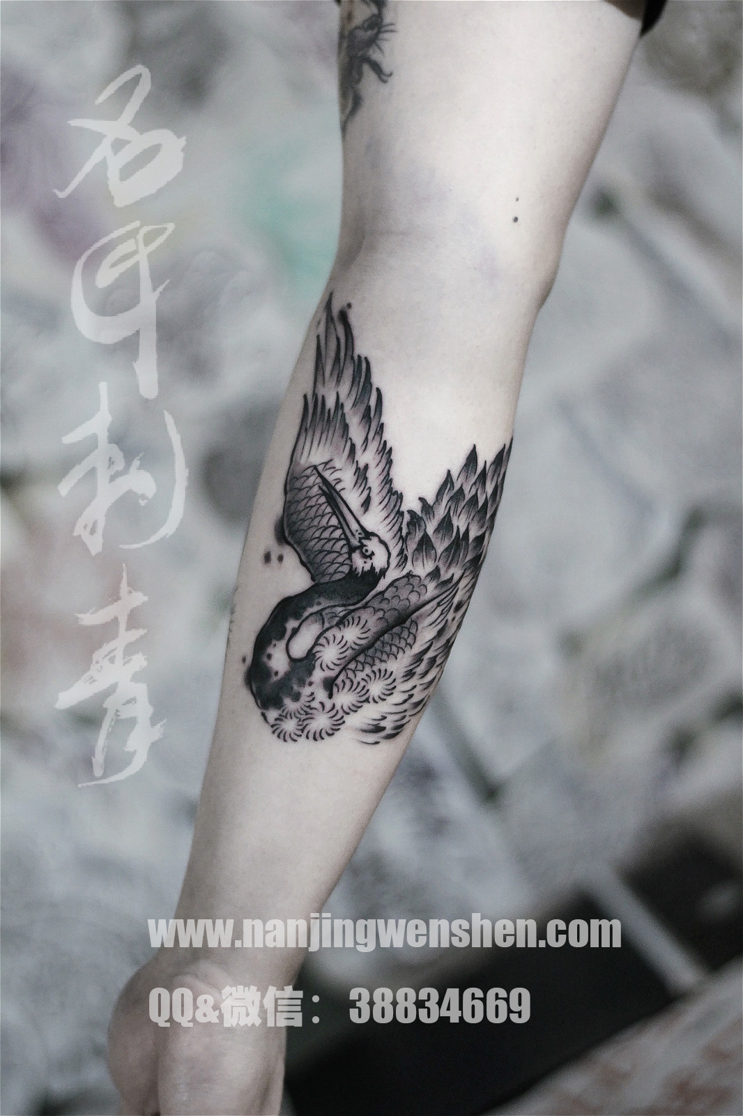 南京纹身名匠刺青南京纹身店小臂仙鹤纹身南京最好的纹身店